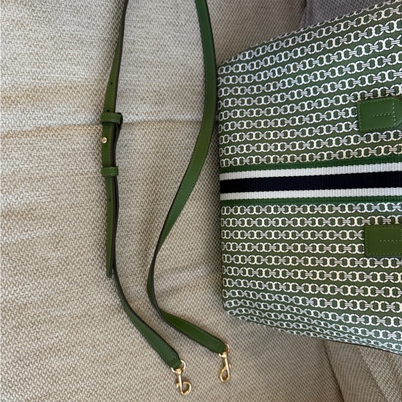 TORY BURCH GEMINI LINK canvas top zip tote #58450 Green with Navy stripe RARE. - Picture 4 of 9